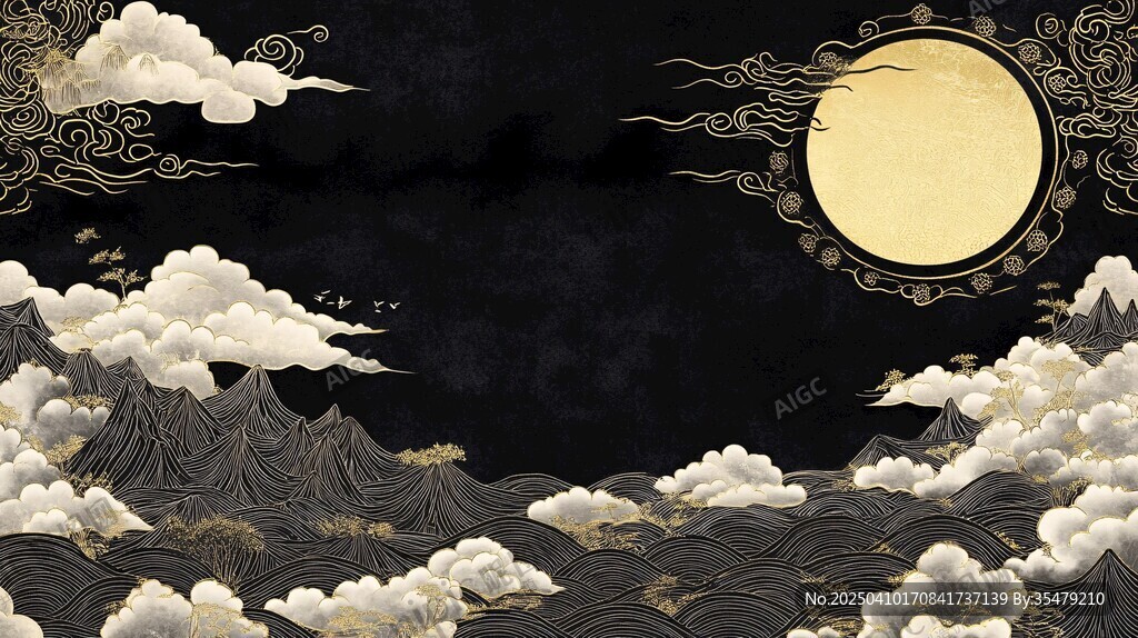 月夜云山中式意境圖景