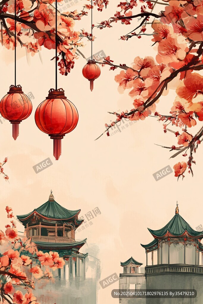 古風(fēng)春景 燈籠繁花映古建