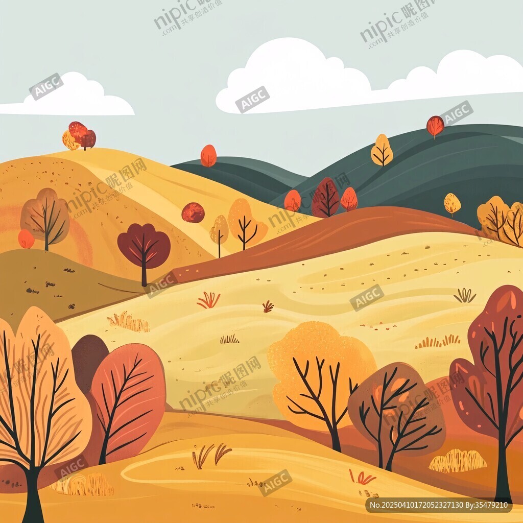 秋日丘陵美景插畫