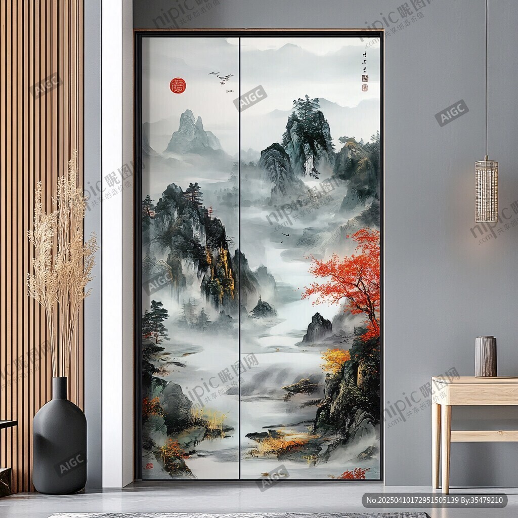 中式山水藝術(shù)衣柜門裝飾