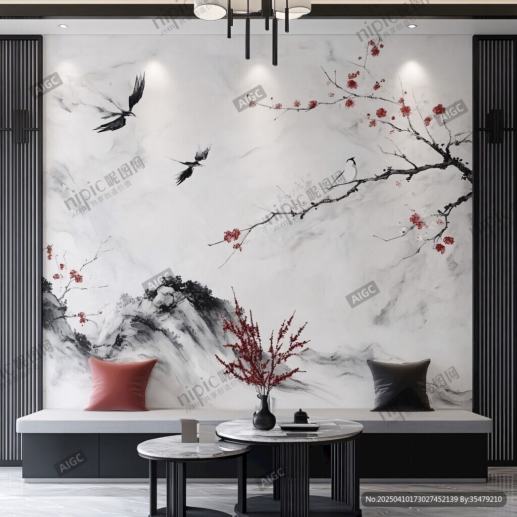 中式水墨花鳥(niǎo)客廳背景墻