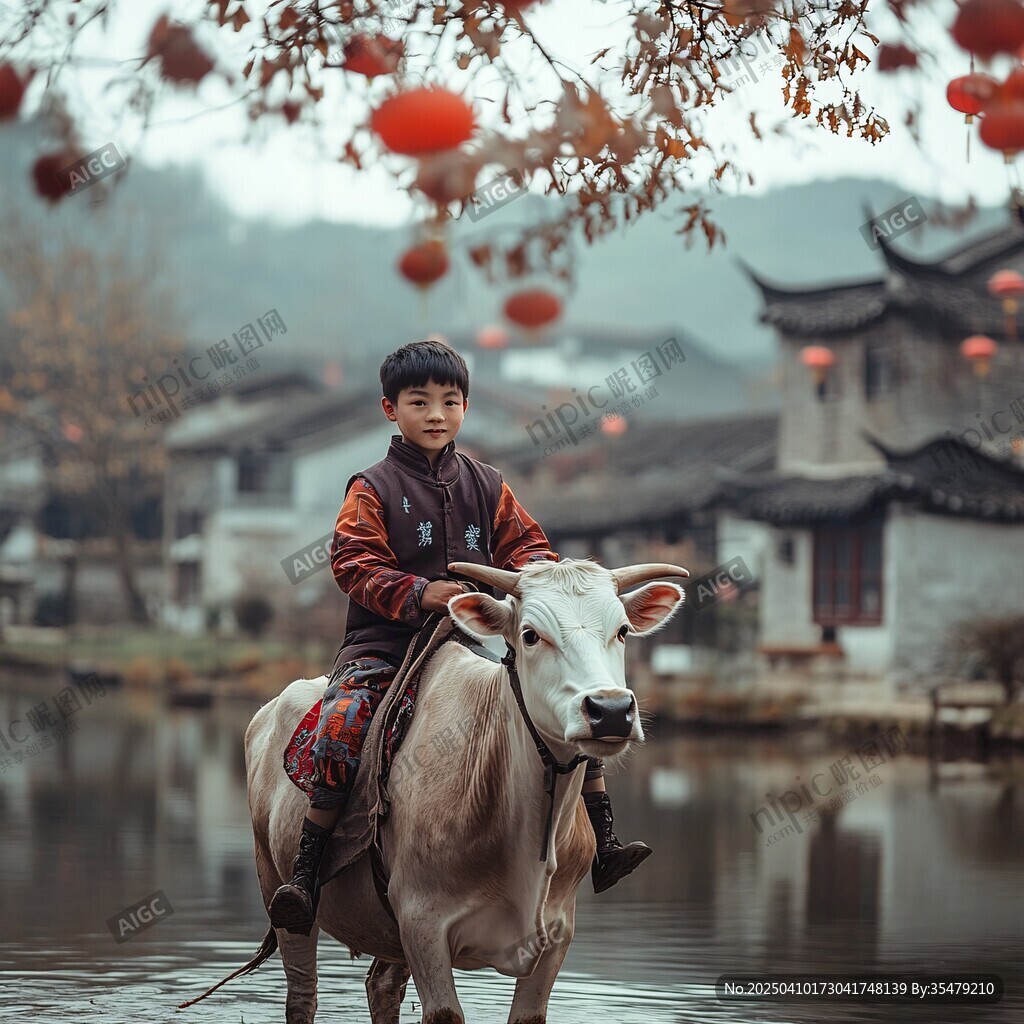 水鄉(xiāng)少年騎牛賞紅燈景