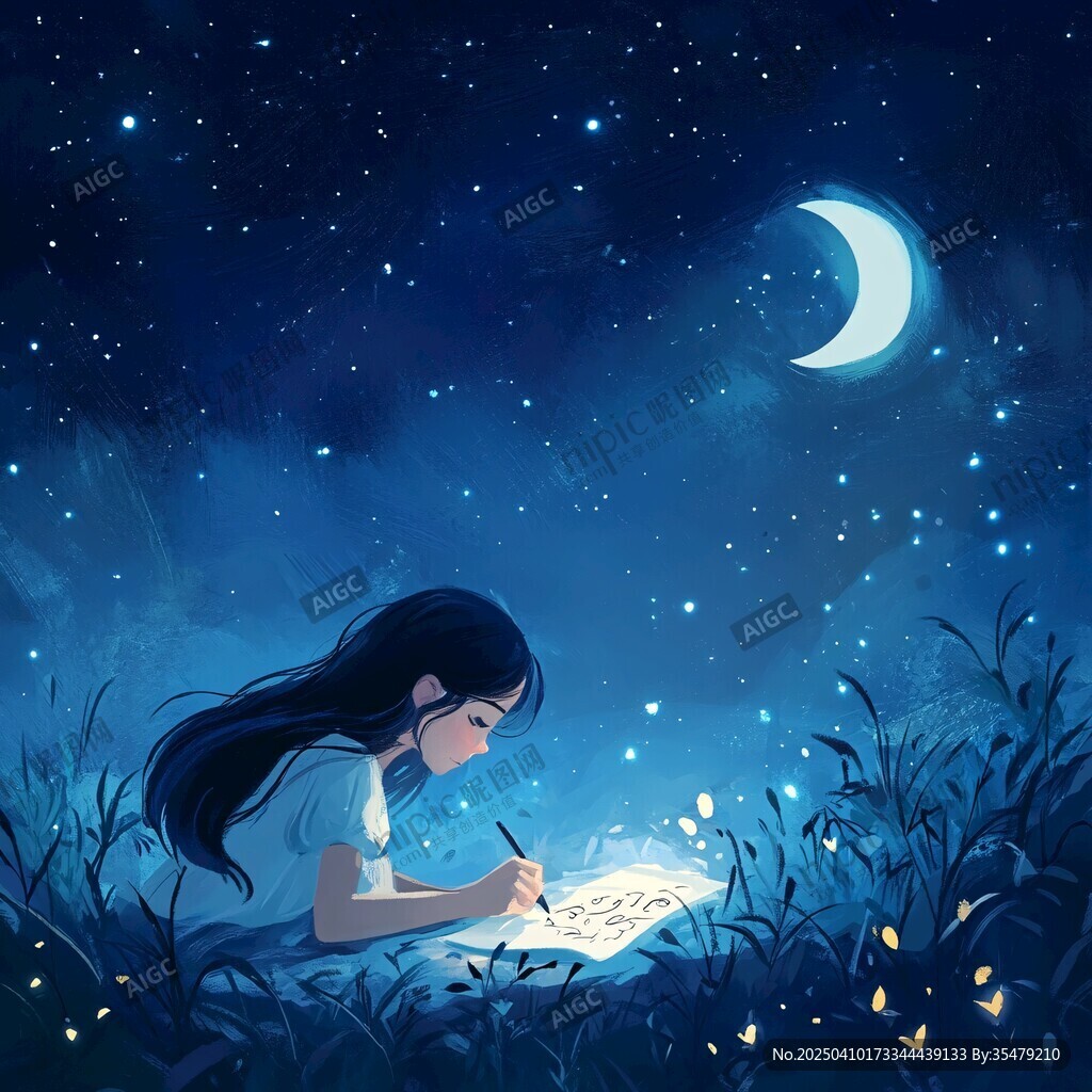 月夜少女草地寫繪夢幻景
