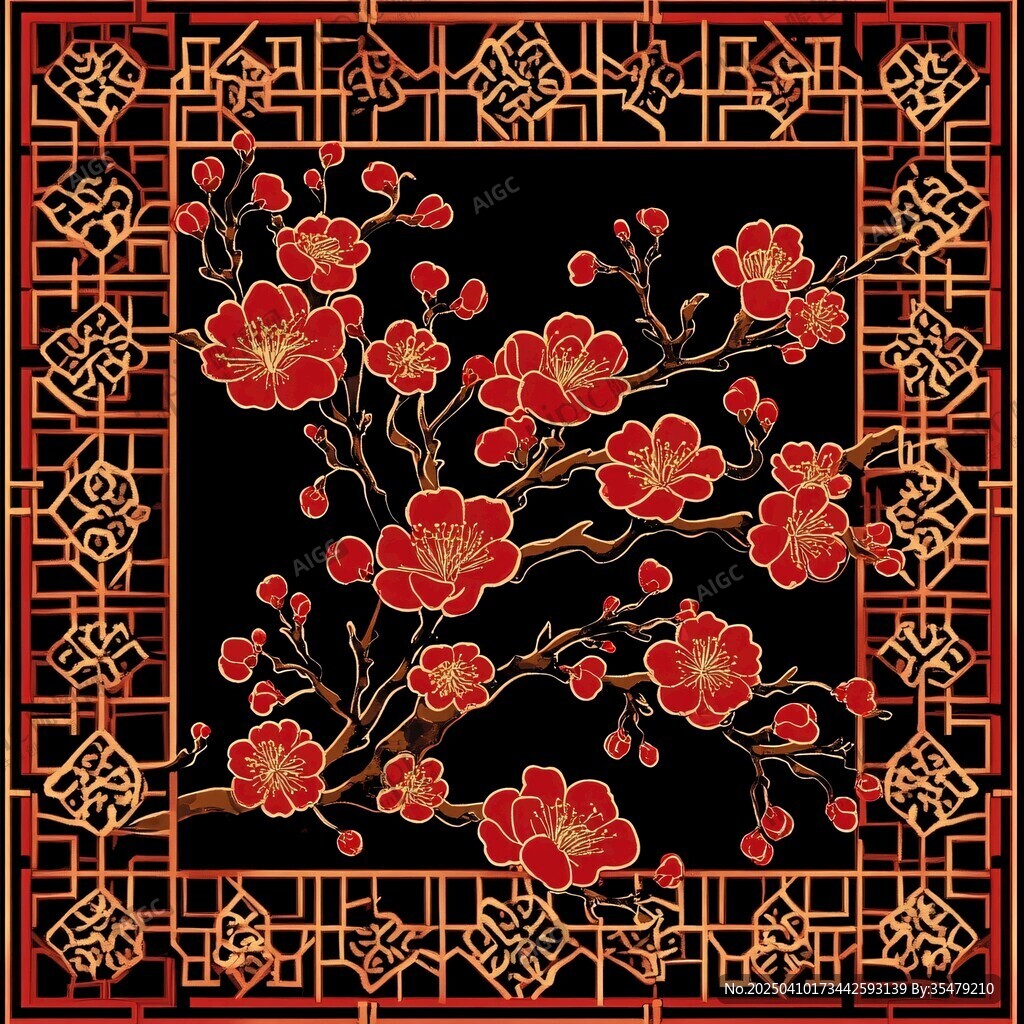 中式紅梅金框傳統(tǒng)裝飾畫