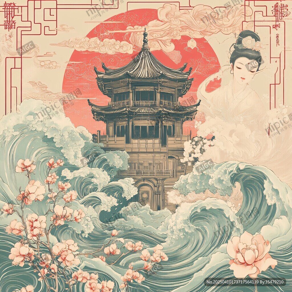 古風樓閣仕女與浪涌圖景