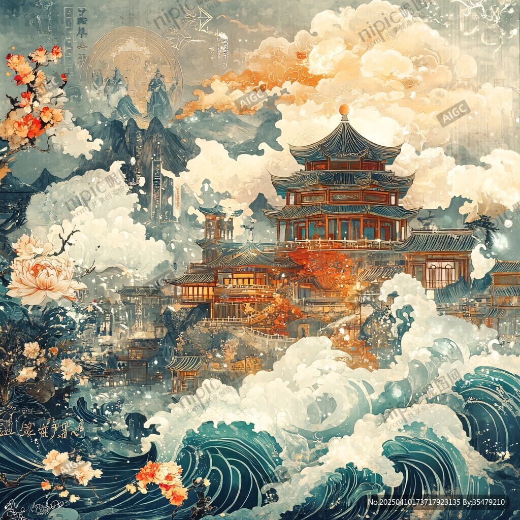 古風山水樓閣奇幻畫卷