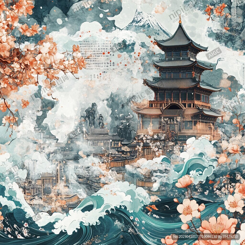 古風樓閣與浪花朵朵圖景
