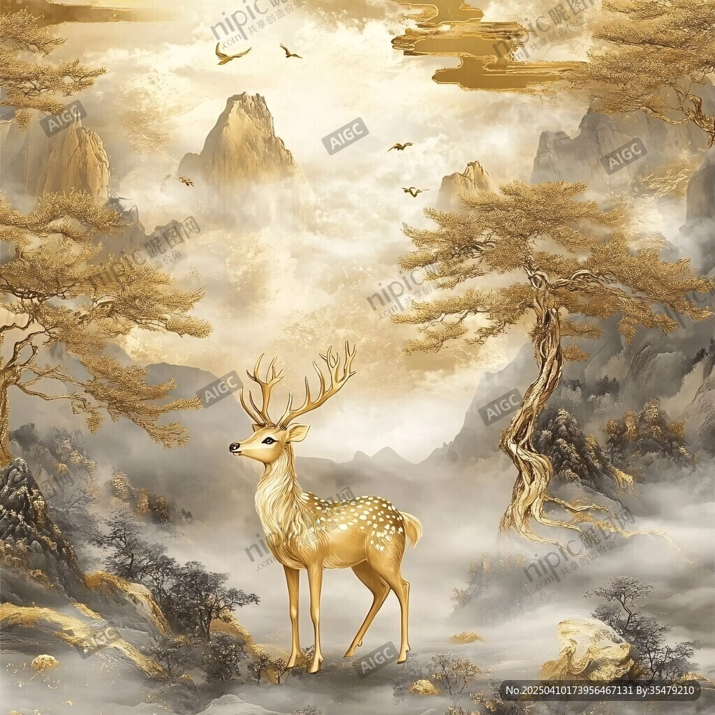 金色仙鹿棲于山水云霧間