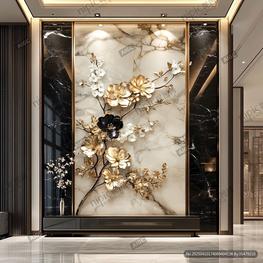 奢華金鑲玉中式玄關(guān)背景墻