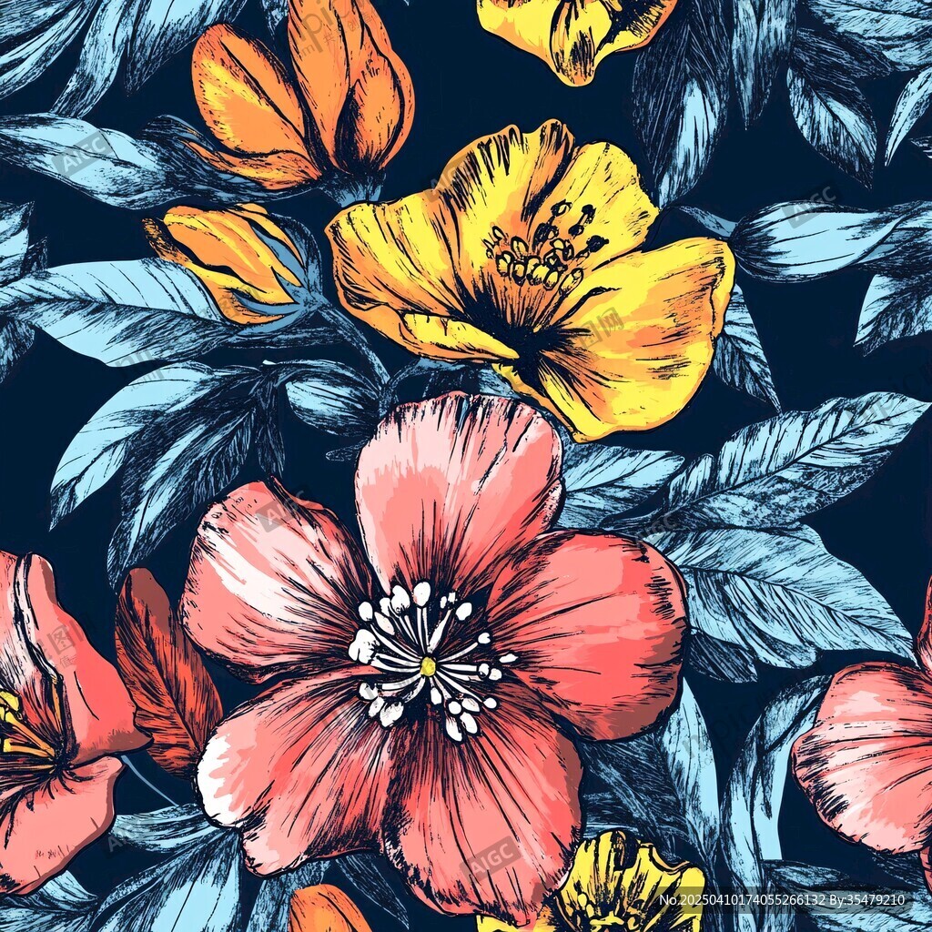 花卉圖案 絢麗花朵與綠葉組合