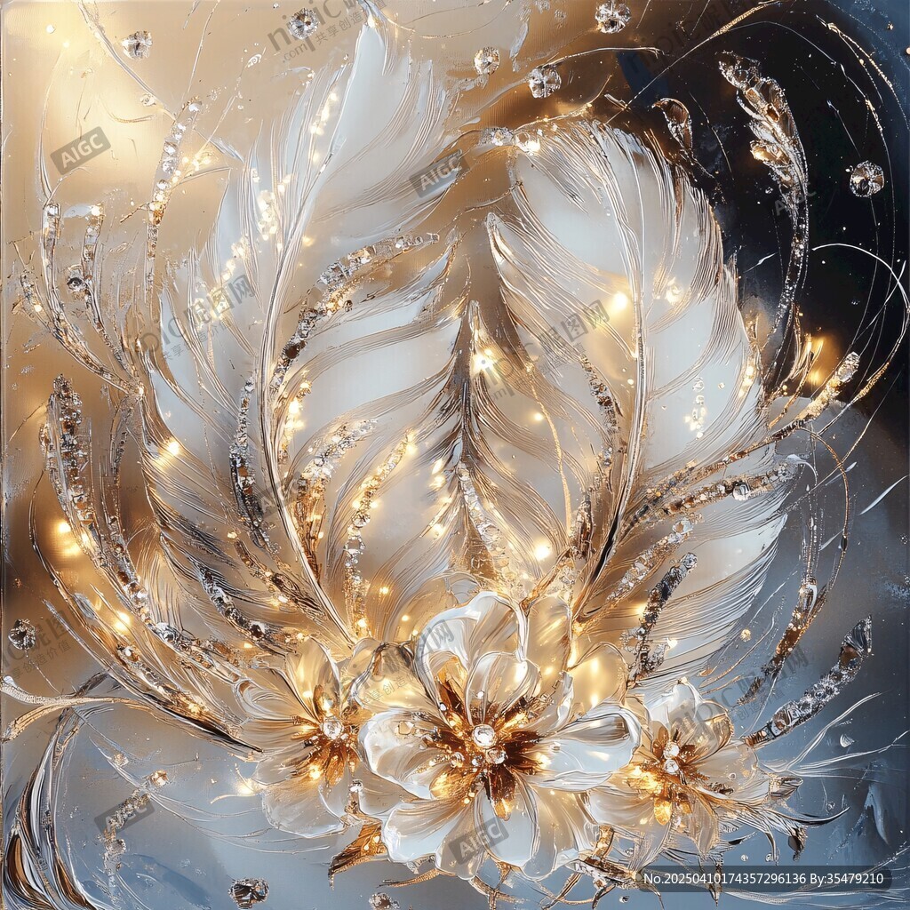 夢幻金白羽毛花卉藝術圖