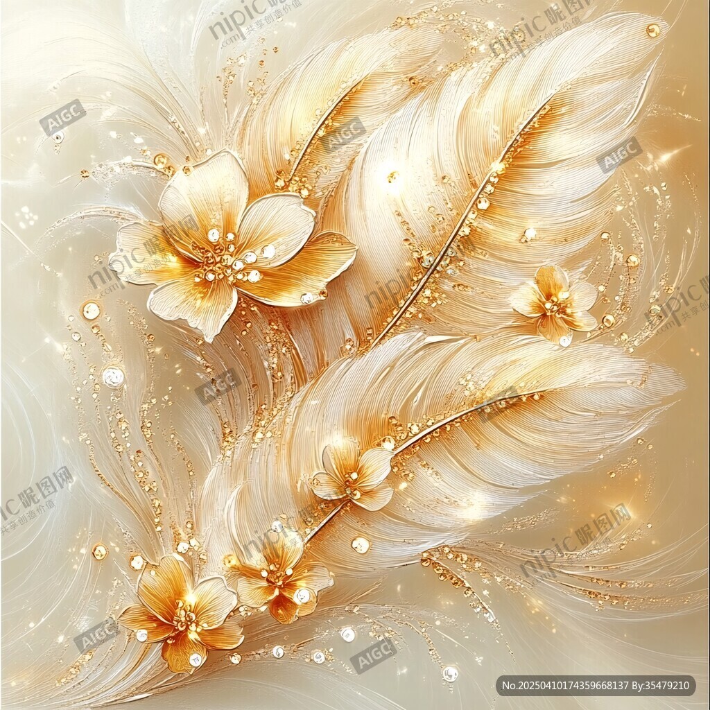 夢幻金羽繁花唯美插畫