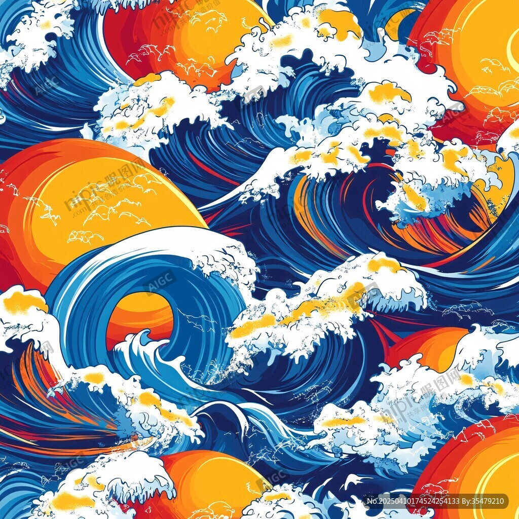 日式海浪太陽無縫圖案