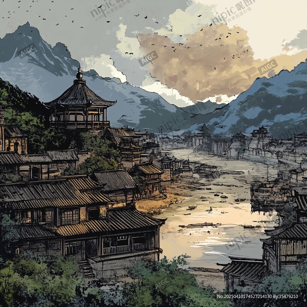 古風(fēng)山水小鎮(zhèn)的靜謐景致