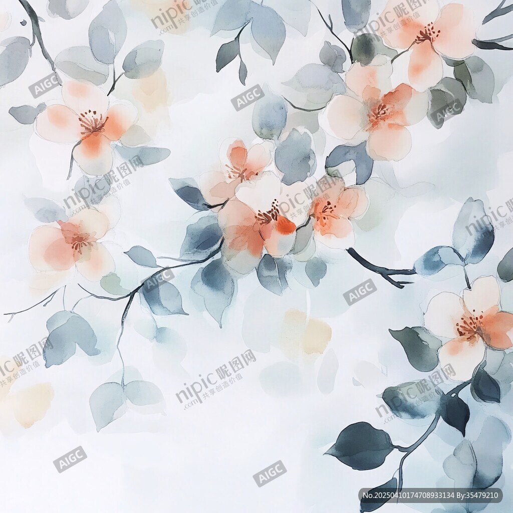 淡雅水墨風花卉枝葉圖