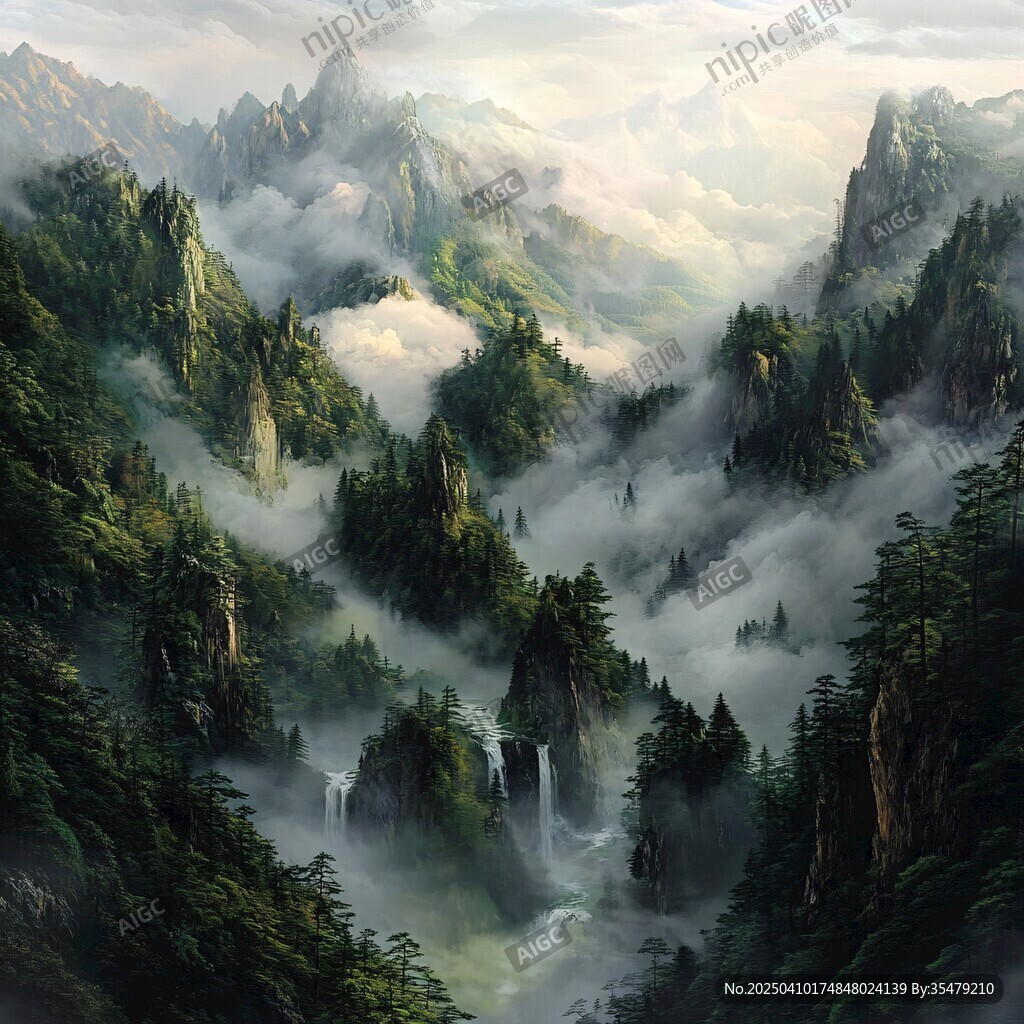 云霧繚繞的壯美山巒景色