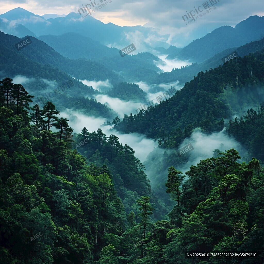 山間云霧繚繞的森林美景