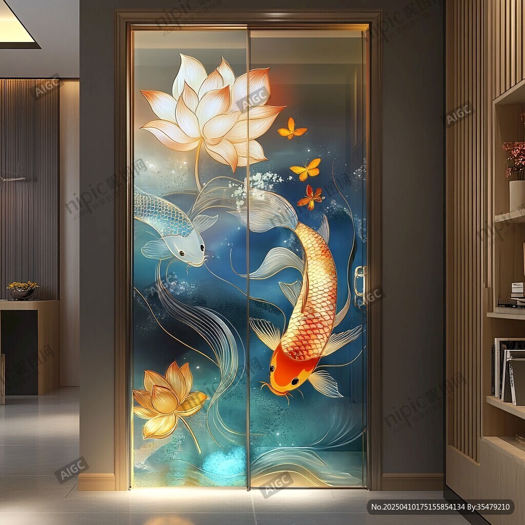 中式玄關玻璃門錦鯉蓮花圖