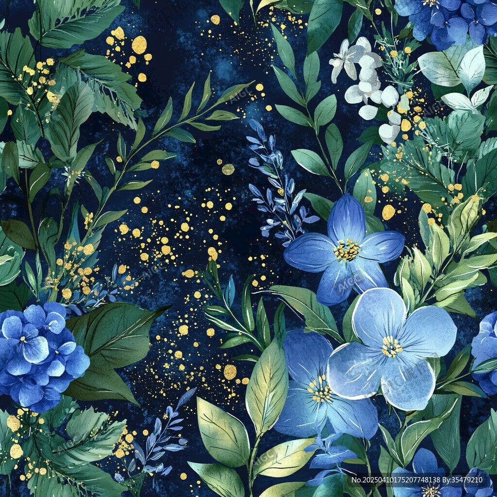 深藍色花卉綠葉精美圖案