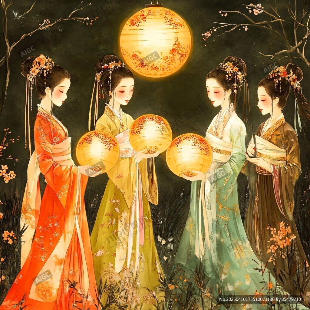 古風美人月夜持燈賞景