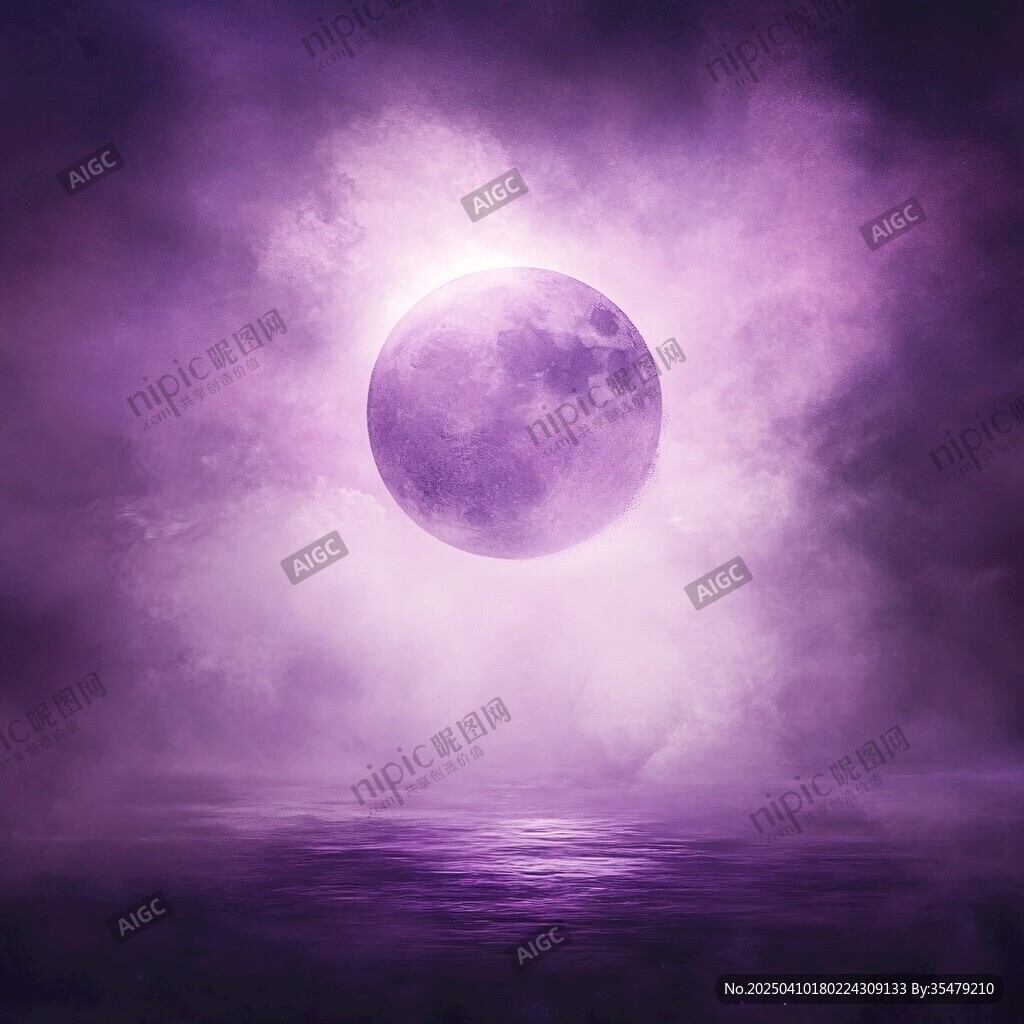 夢幻紫月懸于霧靄海面