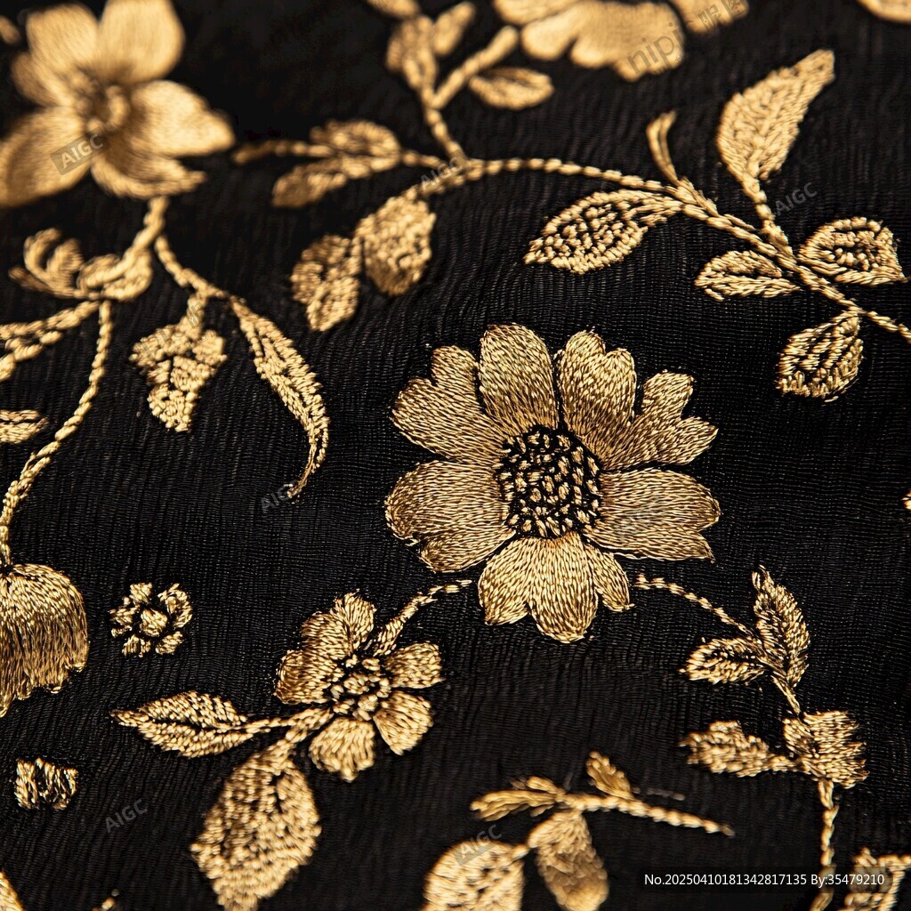 黑金花卉刺繡織物紋理