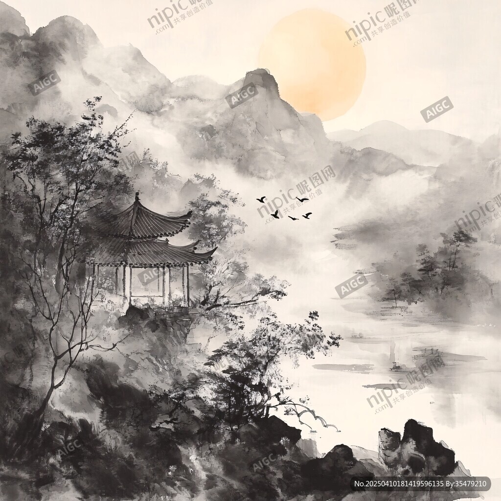 水墨山水間的亭臺落日景
