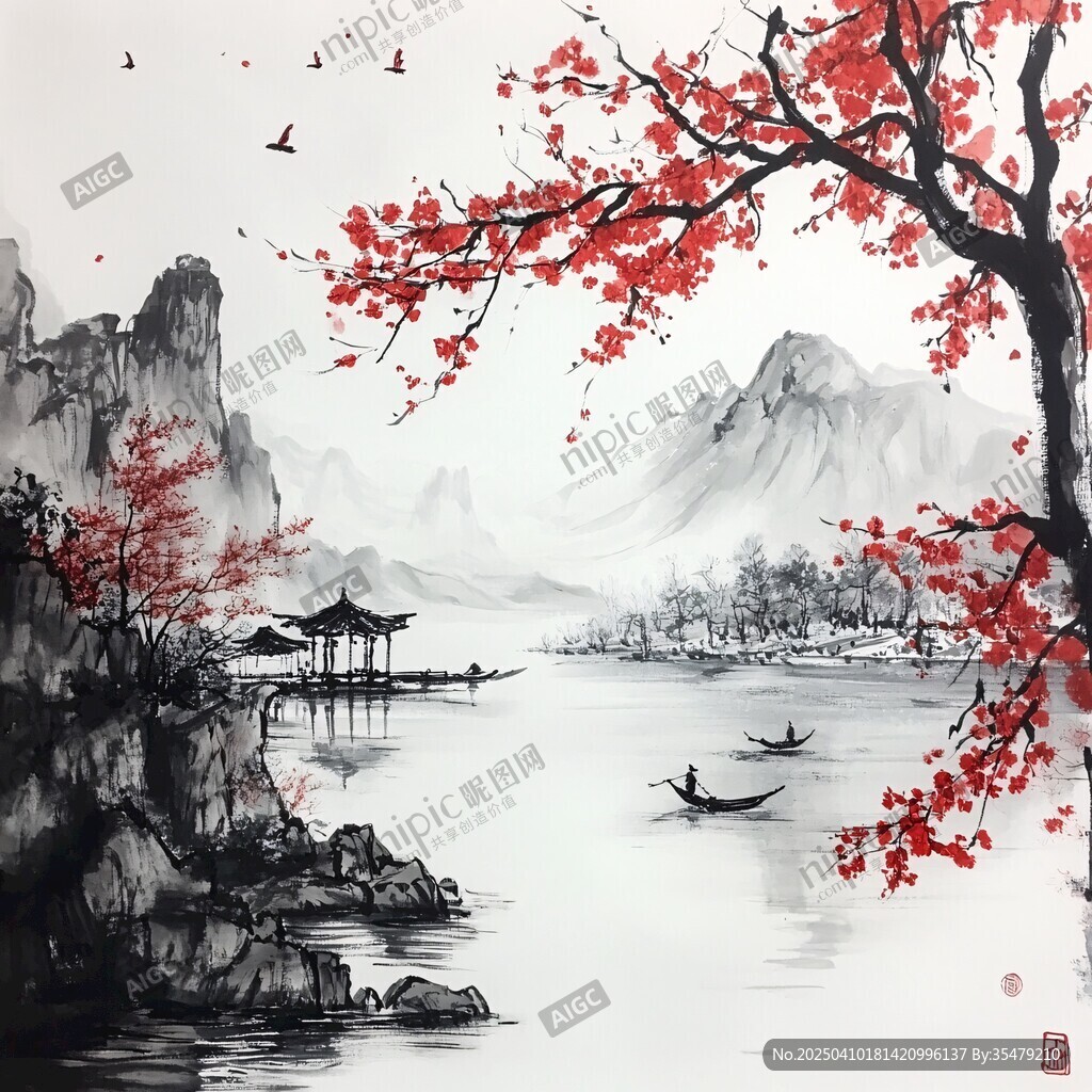 水墨山水間的紅梅與扁舟