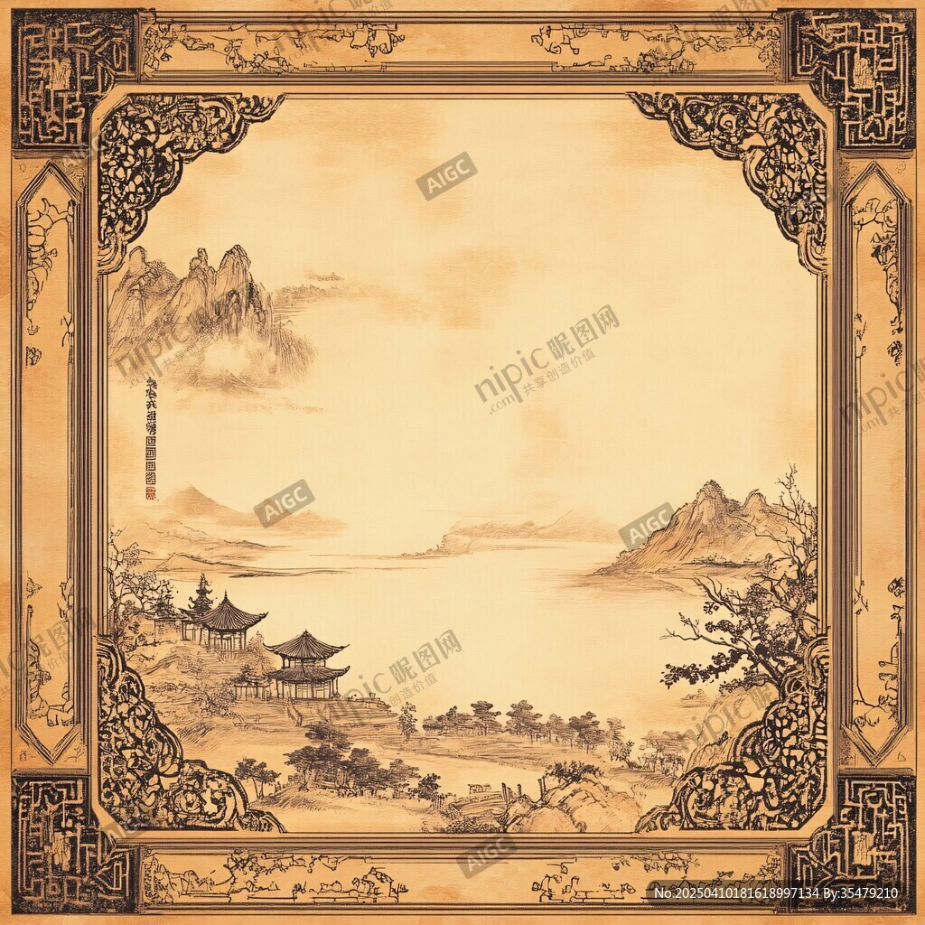 中式古典山水邊框插畫(huà)