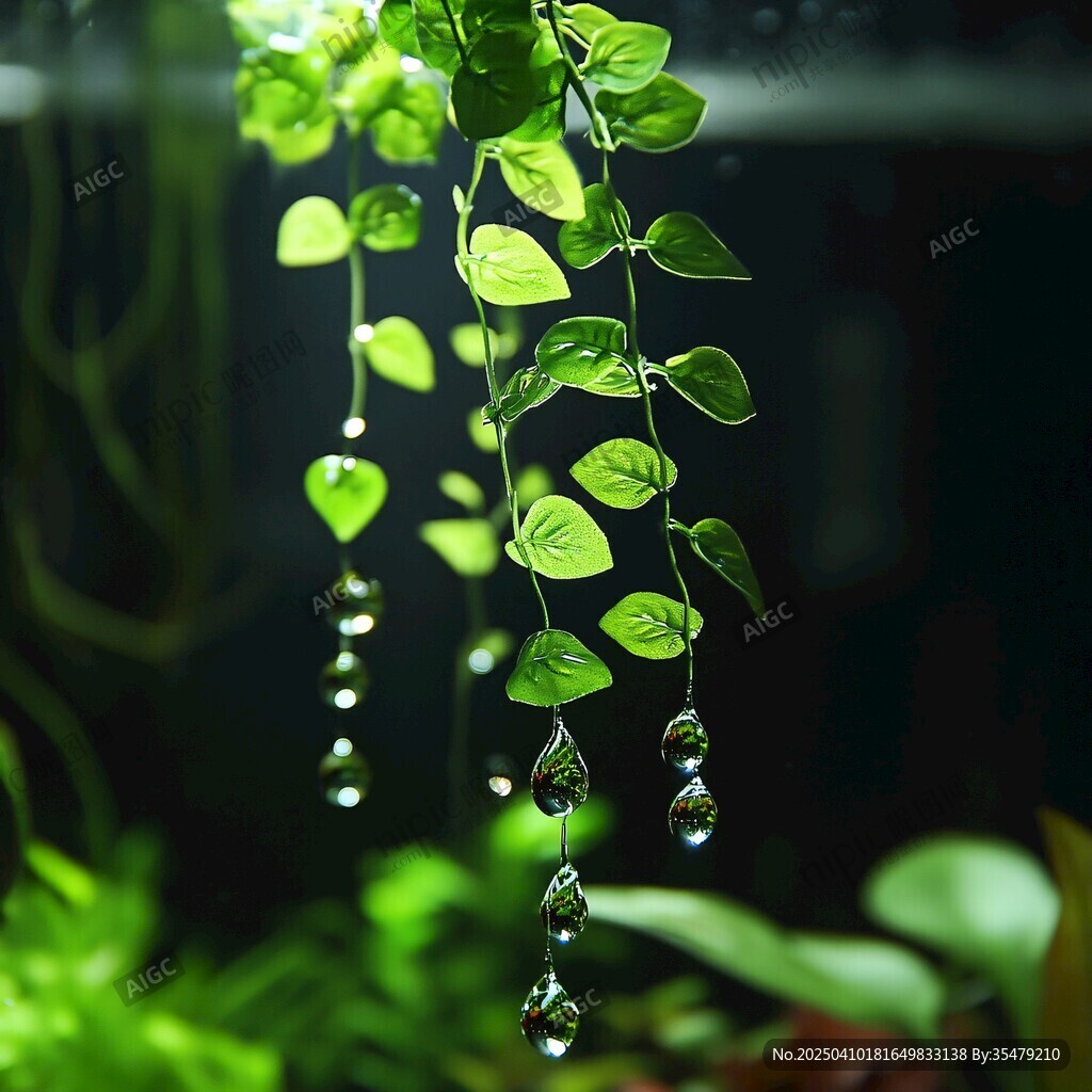 垂掛綠植與晶瑩水珠之美