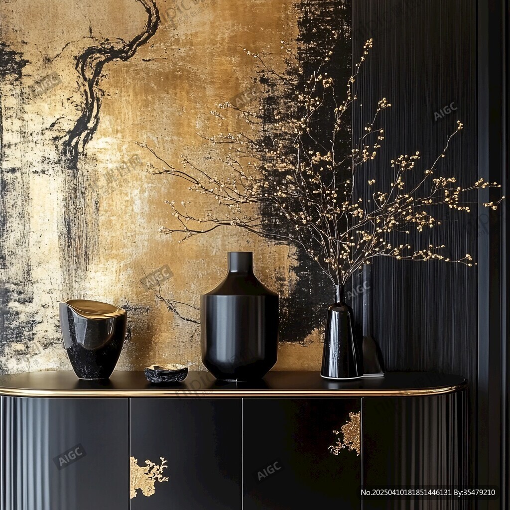 中式黑金風(fēng)裝飾柜擺件展示