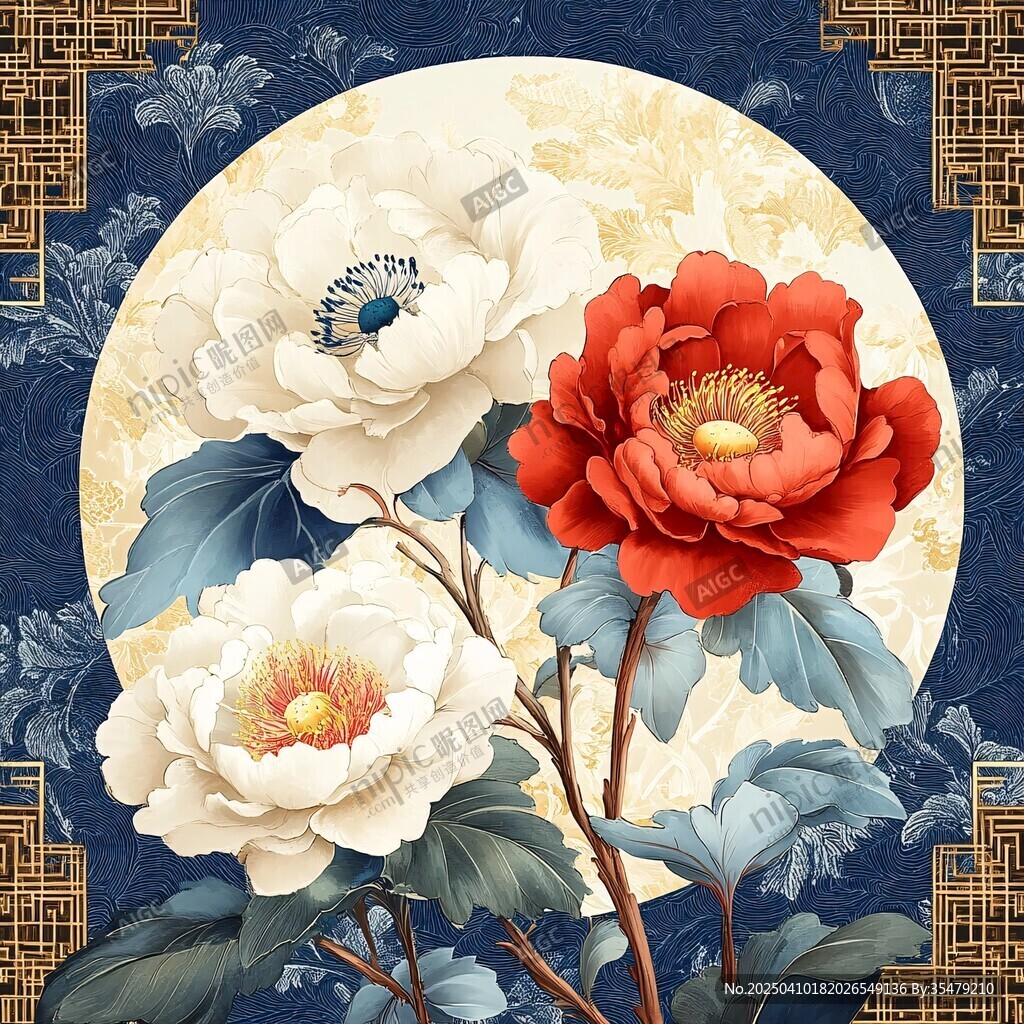 中式牡丹花卉裝飾畫圖案