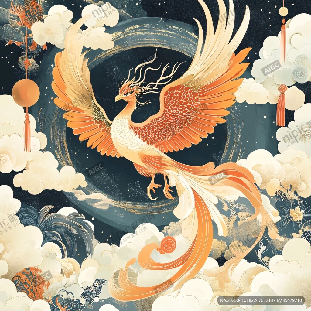 鳳凰翱翔于云海星空之中