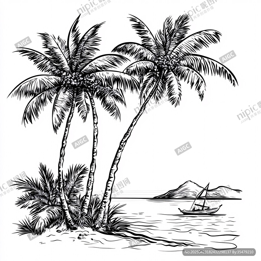 海邊椰樹與帆船風景圖