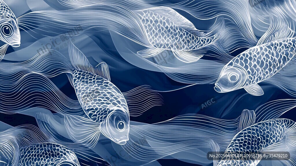 藍底游魚水墨風圖案