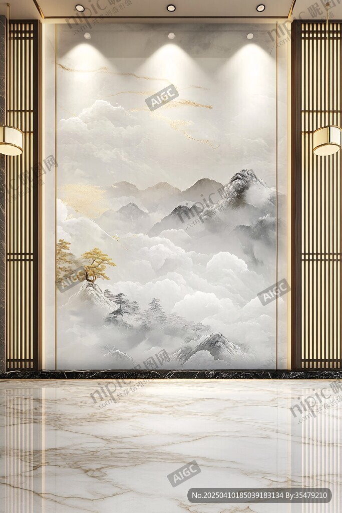 中式山水玄關壁畫裝飾