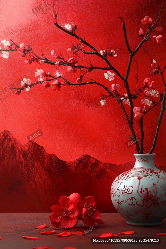 紅梅插瓶映紅墻中式景