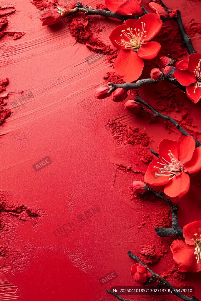 紅梅映紅底 喜慶氛圍濃