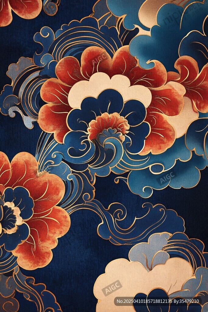 中式花卉海浪紋華麗圖案
