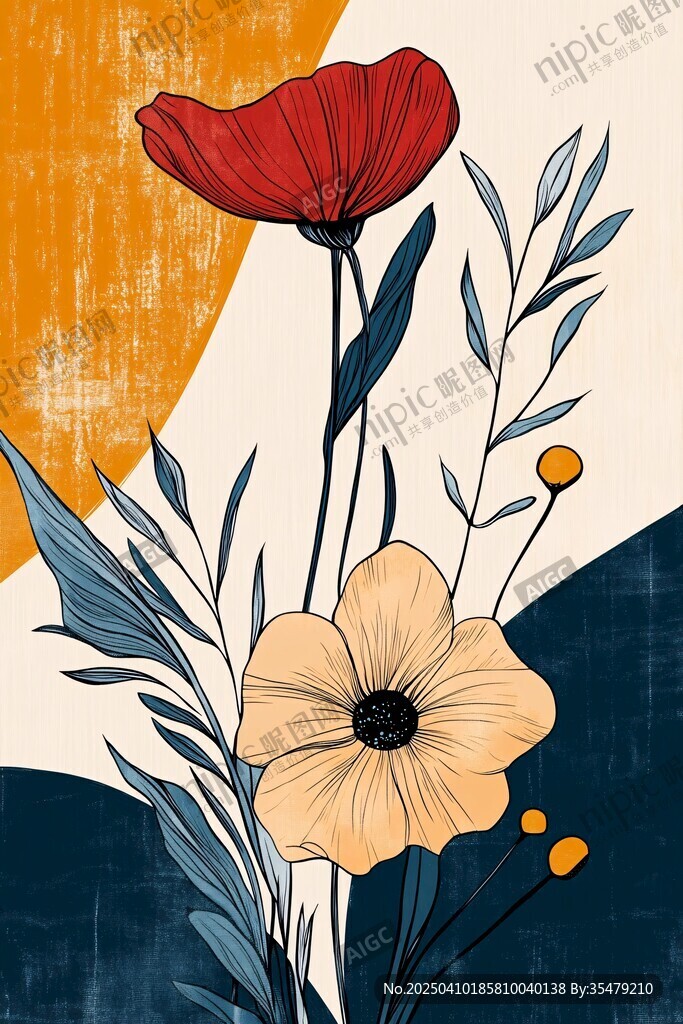 花卉插畫 紅黃花朵與枝葉