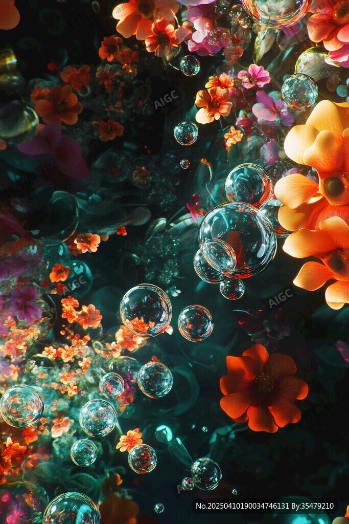 夢幻花朵與氣泡奇幻圖景
