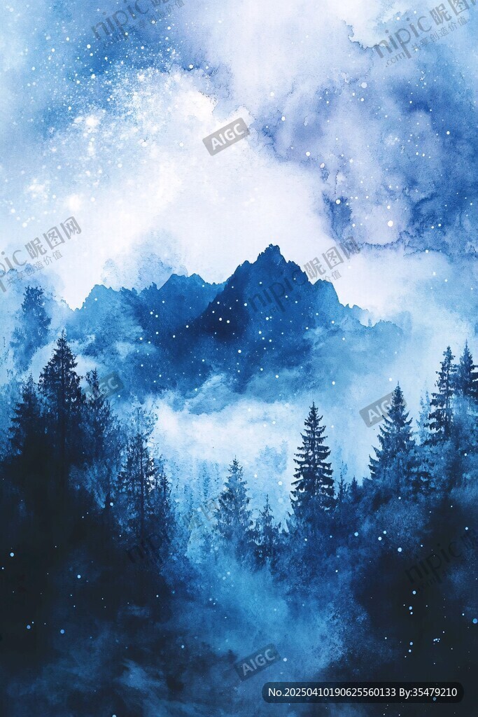 夢(mèng)幻藍(lán)調(diào)山林雪景圖