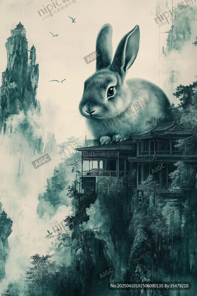 兔立仙閣間 山水云霧繞