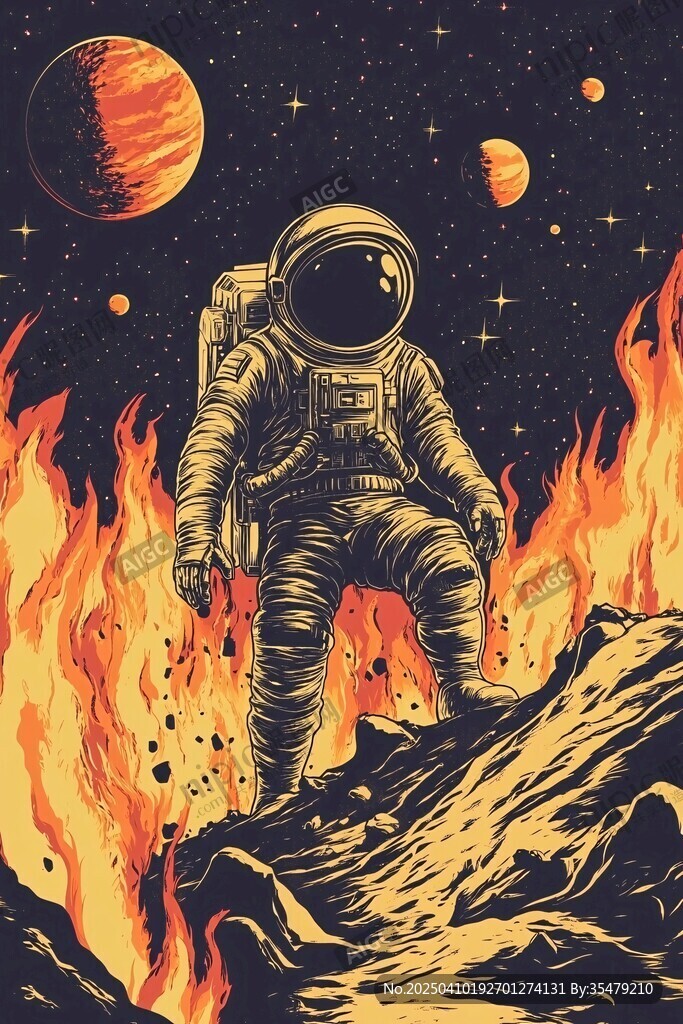 太空宇航員置身火焰星球
