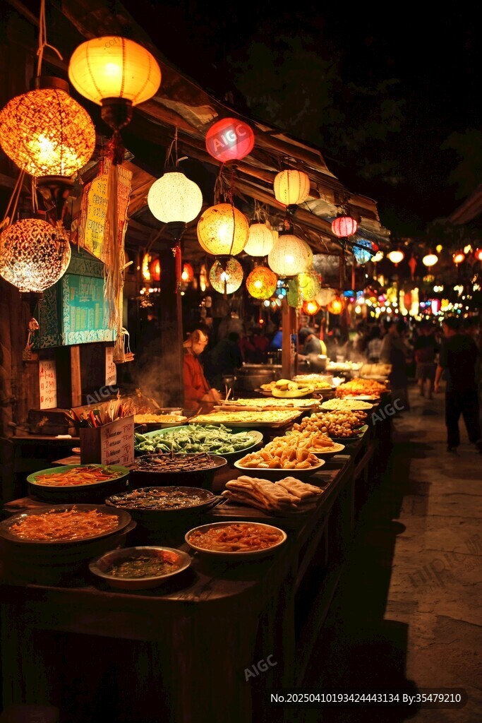 夜市燈火下的美食攤位