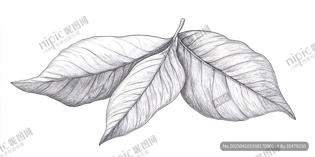 手繪三片葉片素描圖