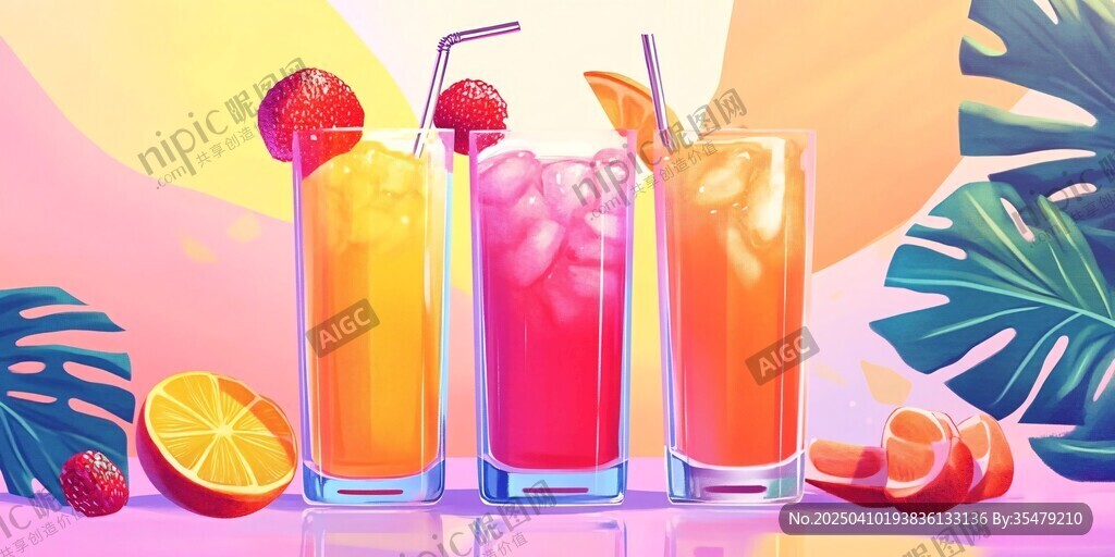 繽紛夏日果汁飲品插畫
