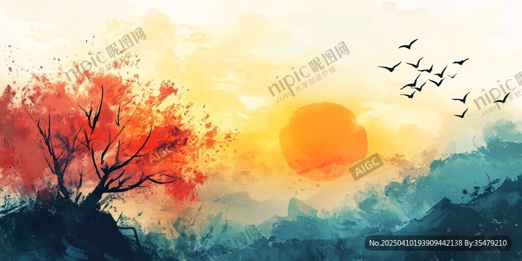 夕陽飛鳥繪就夢幻山水景