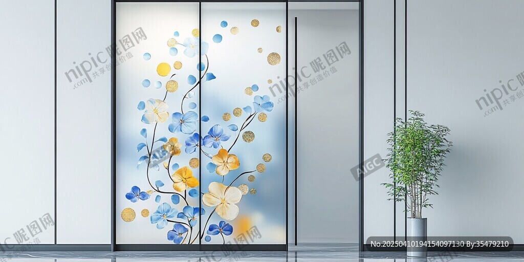 藍(lán)黃花卉玻璃門裝飾畫
