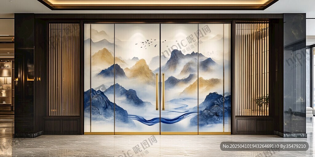 中式山水藝術(shù)玻璃雙開門
